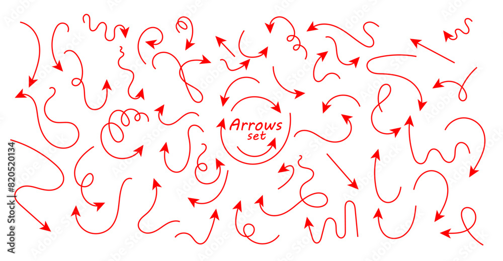 Poster set of hand drawn thin line arrows. collection of curved pointers. red pointers pointing in differen