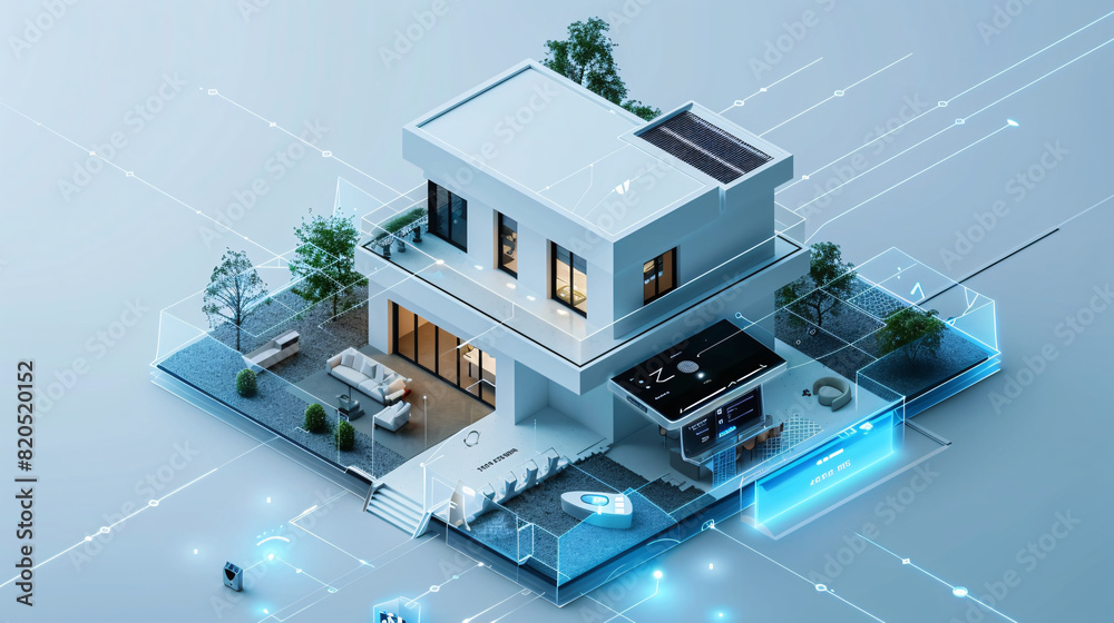 Poster in a futuristic depiction of home technology, an individual uses a remote control to interact with t