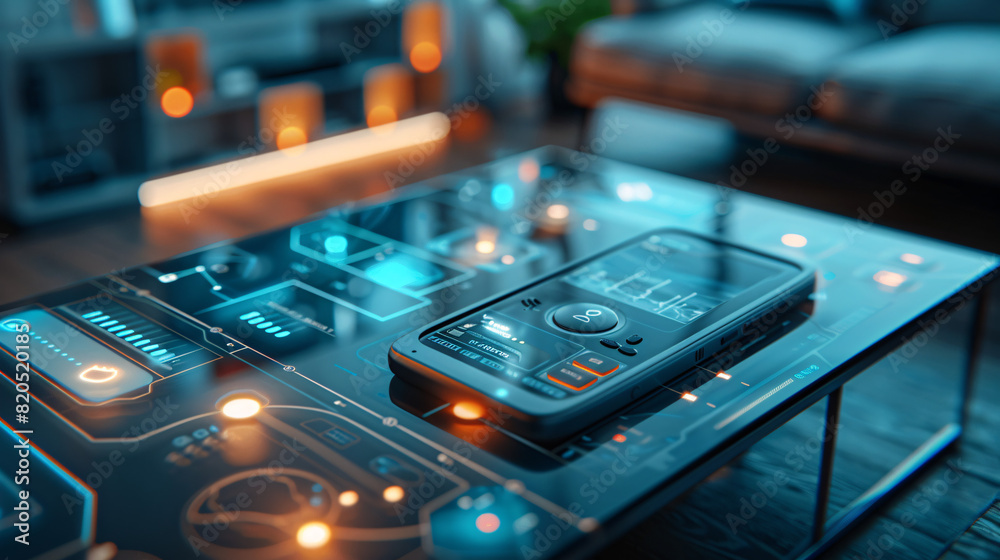 Poster in a futuristic depiction of home technology, an individual uses a remote control to interact with t