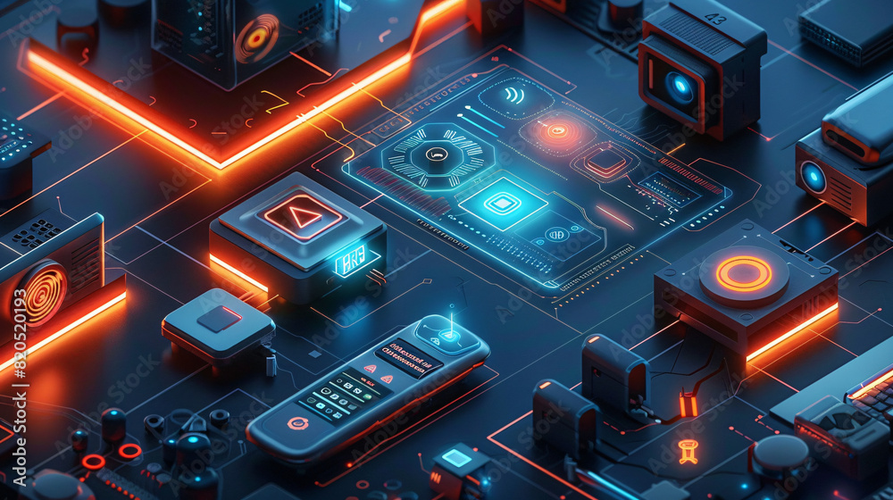 Poster in a futuristic depiction of home technology, an individual uses a remote control to interact with t