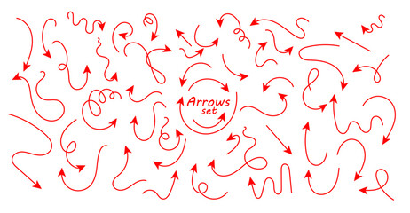 Set of hand drawn thin line arrows. Collection of curved pointers. Red pointers pointing in different directions. Simple design elements of a signpost showing a confusing complex path