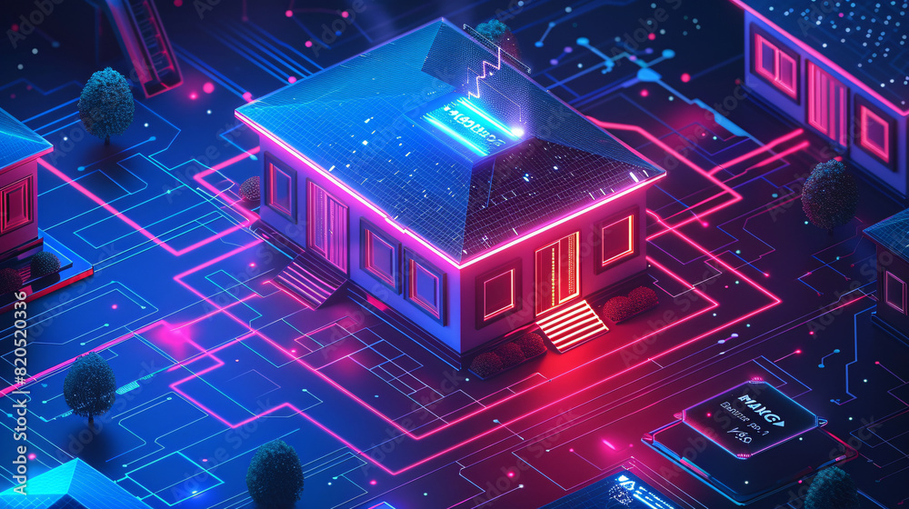 Poster in a futuristic depiction of home technology, an individual uses a remote control to interact with t