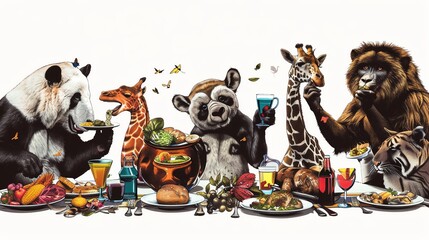 clip art of A group of animals eating different dishes at a diner table