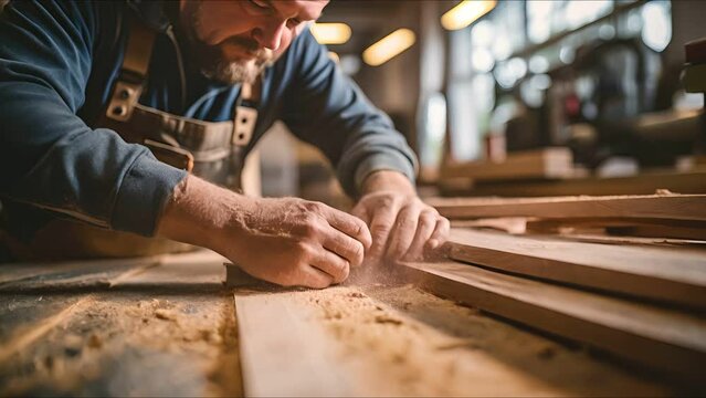 Carpenter working on wooden table in a carpentry workshop