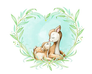 forest deer mom and baby watercolor frame