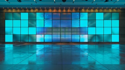 A virtual studio setup featuring a large empty video wall.

