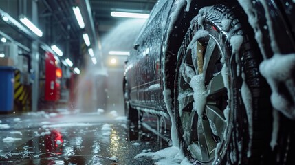 A car being washed in an automatic car wash machine with brushes.

