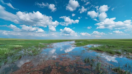 Obraz premium A meadow filled with water and mud, with a clear horizon and clouds in a blue sky.