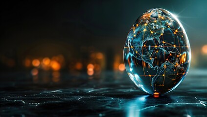 a shiny egg sits on a surface, surrounded by a blurry light and a shiny light, with a globe in the background