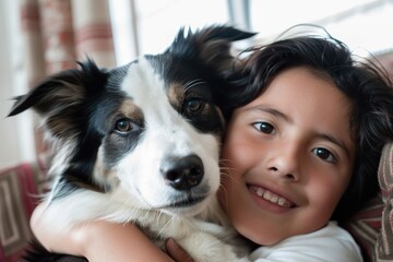 a young girl with black hair and a white shirt smiles while holding a white dog with brown and blue eyes, a black nose, and an open mouth the dog's black ear