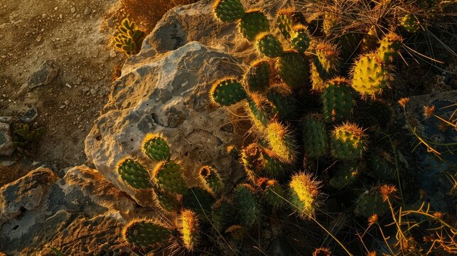 Overhead view of a prickly pear cactus with green fruit, illuminated by the soft hues of a desert sunset, creating a serene and warm atmosphere