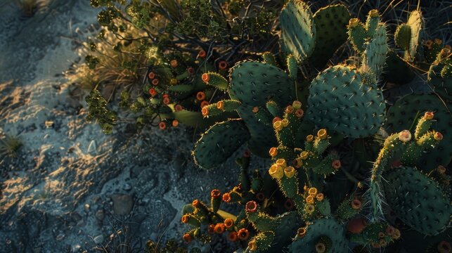 Overhead view of a prickly pear cactus with green fruit, illuminated by the soft hues of a desert sunset, creating a serene and warm atmosphere