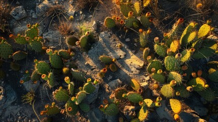 Prickly pear cactus with green fruit at sunset, close-up shot highlighting the intricate details of the cactus and the warm desert hues