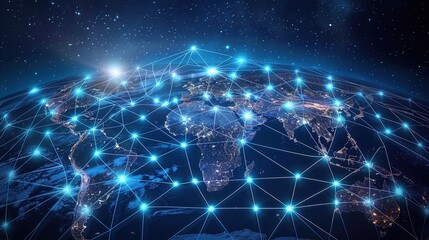 a blue sky serves as the backdrop for a network of connected objects, including a globe, in this image