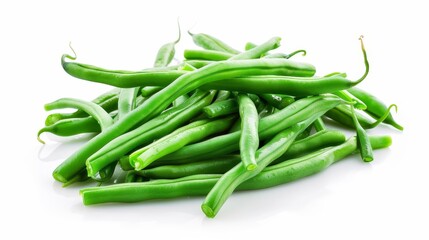 Fototapeta premium Steamed green beans in a close-up shot, isolated against a white background with studio lighting, highlighting their texture and freshness for an advertisement