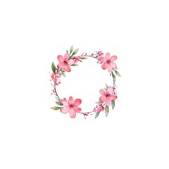 Watercolor circle wreath with pink flowers. An image of circle picture frame decorated with pink flower and green leaves and separated with white background. Wedding and springtime concept. AIG35.