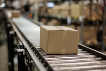 A box ordered by the customer is in the manufacturing process and moving in the middle of the sliding rail of the factory.