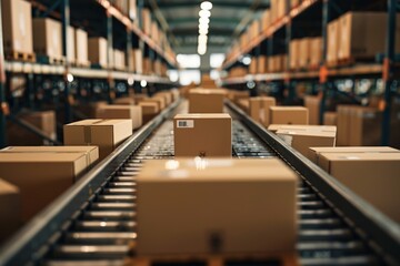 A box ordered by the customer is in the manufacturing process and moving in the middle of the sliding rail of the factory.