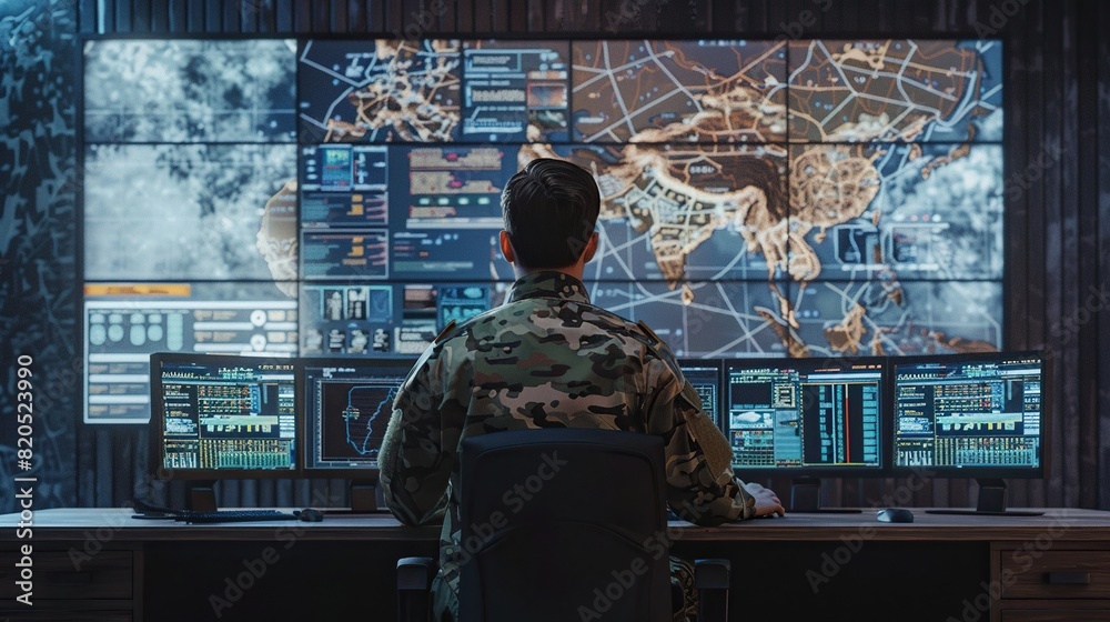 Wall mural a military man sits at a wooden desk, looking at a map on the screen, while a black chair and a black and gray mouse sit nearby