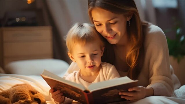 Mother sits on a cozy bed eading a book with her child at home 