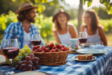 Happy friends have fun in the fresh air - Young people raise glasses of wine at the winery. The aura of a serene outdoor recreation