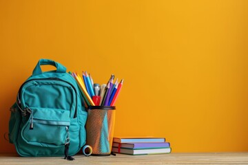 school backpack and stationery on one color background copy space,  Back to school concept Stationery set with knapsack on background, Ai generated