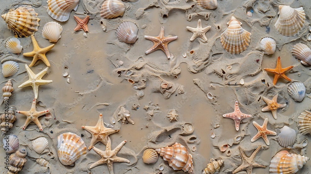 Poster Top view of a sandy beach texture with imprints of exotic seashells and starfish as natural textured background : Generative AI