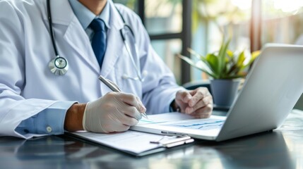 doctor in uniform Stethoscope in the hospital corridor Holding a healthcare file