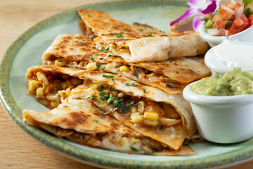 A view of a corn quesadilla.