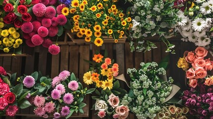 Many different colors on the stand or wooden table in the flower shop Showcase Background of mix of flowers Beautiful flowers for catalog or online store Floral shop and delivery conce : Generative AI