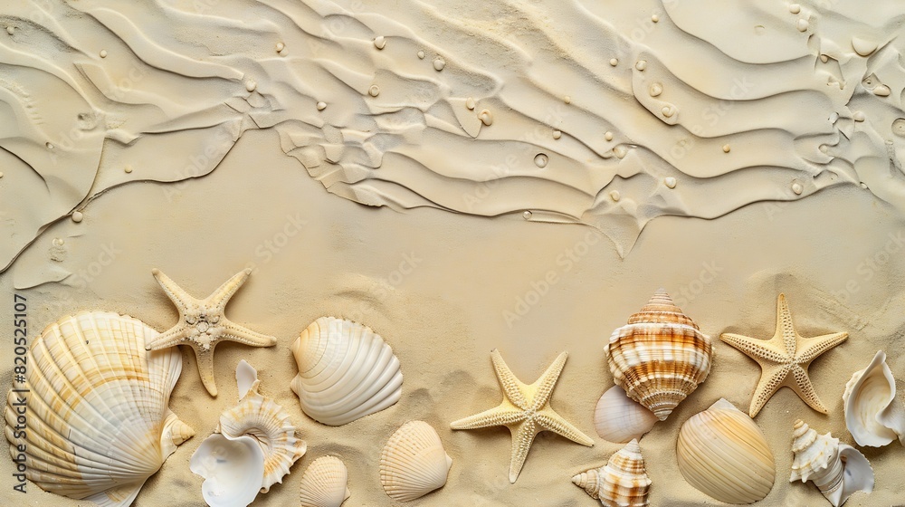 Poster Top view of a sandy beach texture with imprints of exotic seashells and starfish as natural textured background : Generative AI