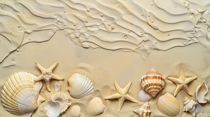 Top view of a sandy beach texture with imprints of exotic seashells and starfish as natural textured background : Generative AI