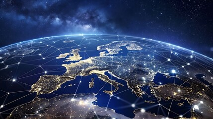 Fototapeta premium Communication technology with global internet network connected in Europe Telecommunication and data transfer european connection links IoT finance business blockchain security : Generative AI