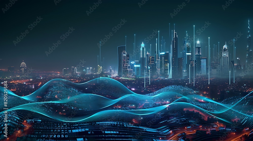 Aufkleber smart city and big data connection technology concept with digital blue wavy wires with antennas on 
