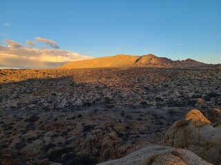 Fototapeta premium The evening sun shines on the desert sand and the barren mountains of the lower Colorado desert