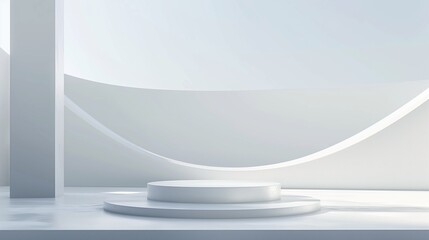 : A minimalist podium set against an ethereal white backdrop, its form and structure rendered in intricate detail through 3D illustration, creating a visually striking composition.