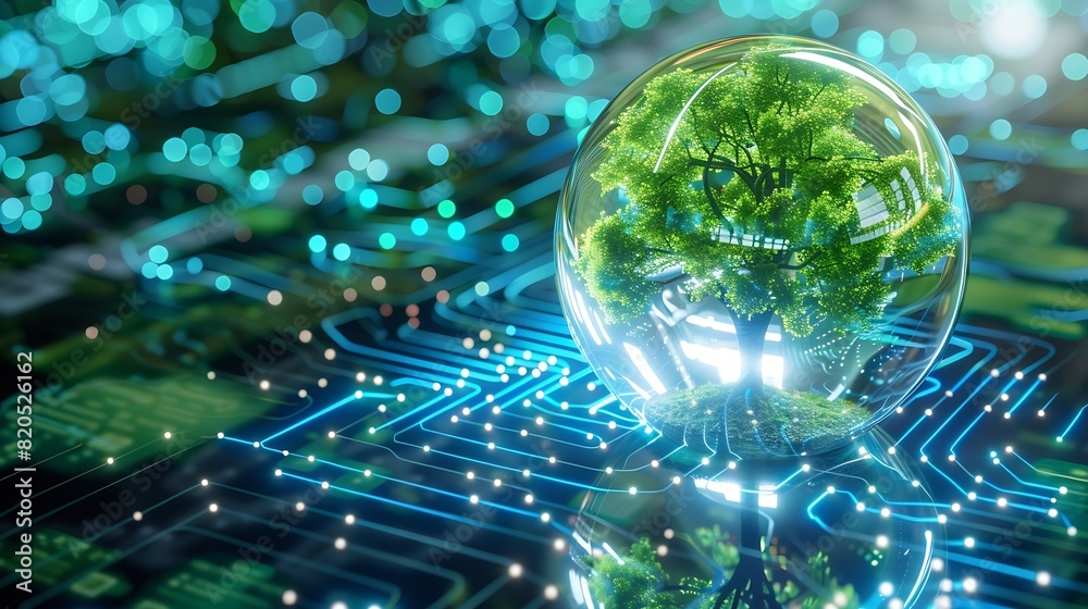 Leinwandbilder tree growing on circuit digital ball digital and technology convergence blue light and wireframe net