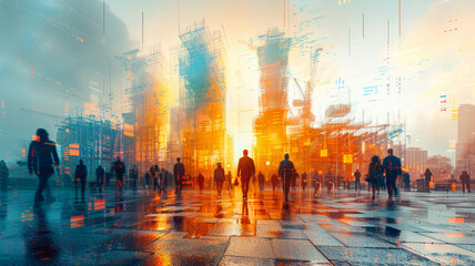 Obraz premium Double exposure graphic design transforms the construction scene,generative ai