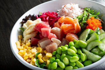 A closeup view of a poke bowl.