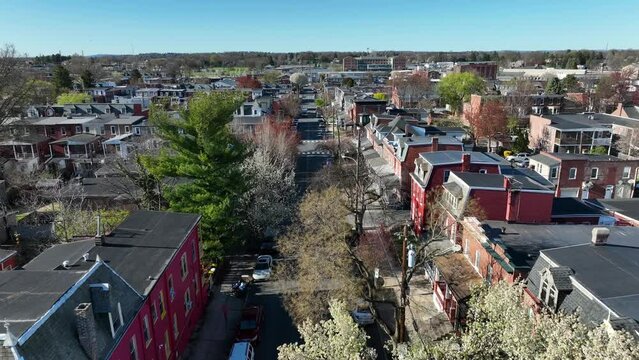 American city neighborhood during spring. Aerial dolly forward over blooming trees in April. Row houses and homes in housing district.