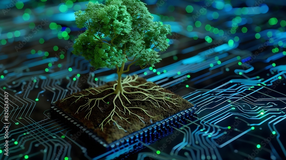 Fototapete Tree with soil growing on  the converging point of computer circuit board Blue light and wireframe network background Green Computing Green Technology Green IT csr and IT ethics Concep : Generative AI