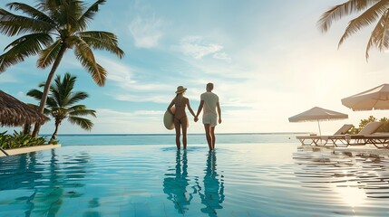 vacation couple on the beach near swimming pool luxury travel : Generative AI
