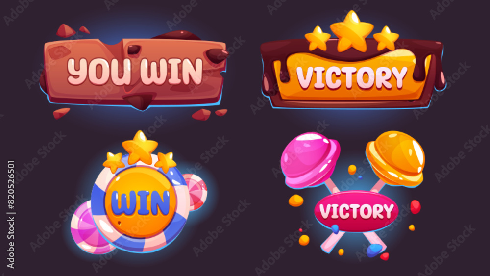 Poster win level game ui design button for interface. sweet candy element for victory badge and star score 
