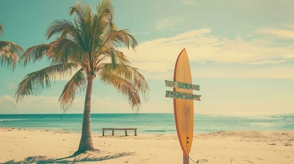 Surfboard and palm tree on beach with beach sign for surfing area Travel adventure and water sport relaxation and summer vacation concept vintage color tone image : Generative AI