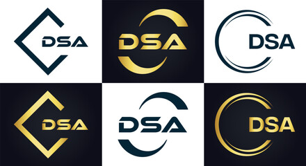 DSA logo. D S A design. White DSA letter. DSA, D S A letter logo design. D S A letter logo design in FIVE, FOUR, THREE, style. letter logo set in one artboard. D S A letter logo vector design.	
