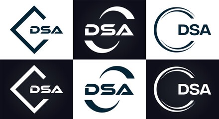DSA logo. D S A design. White DSA letter. DSA, D S A letter logo design. D S A letter logo design in FIVE, FOUR, THREE, style. letter logo set in one artboard. D S A letter logo vector design.	
