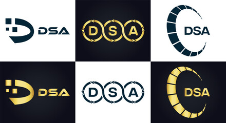DSA logo. D S A design. White DSA letter. DSA, D S A letter logo design. D S A letter logo design in FIVE, FOUR, THREE, style. letter logo set in one artboard. D S A letter logo vector design.	
