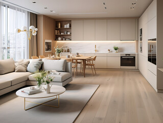 Gorgious Stylish scandinavian open space with kitchen accessories and plants