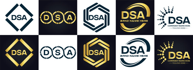 DSA logo. D S A design. White DSA letter. DSA, D S A letter logo design. D S A letter logo design in FIVE, FOUR, THREE, style. letter logo set in one artboard. D S A letter logo vector design.	
