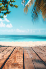A wooden desk top with blurred background of beach. Good for background 